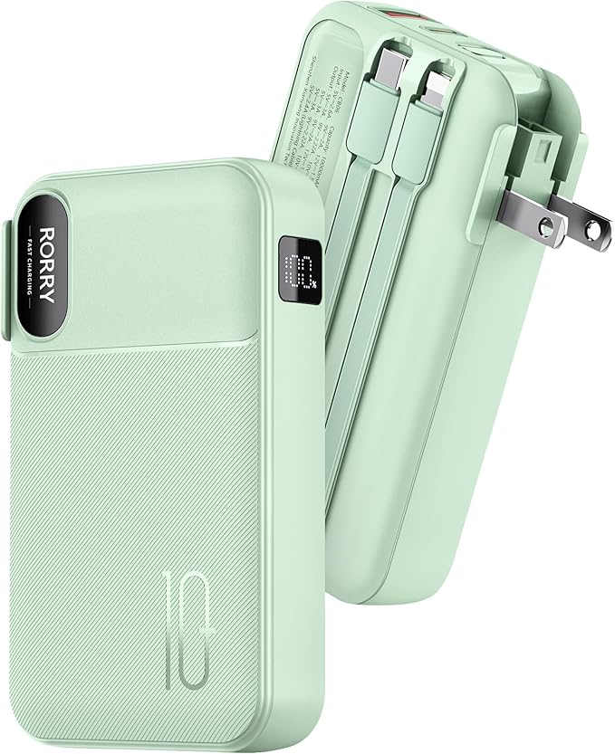RORRY Portable Charger Built in Cables, AC Wall Plug In Portable Charger Power Bank 10000mAh Travel Battery Pack 22.5W Fast Charging for iPhone 17/16/15 Samsung Galaxy S24/S23/S22 Pixel LG iPad, Green