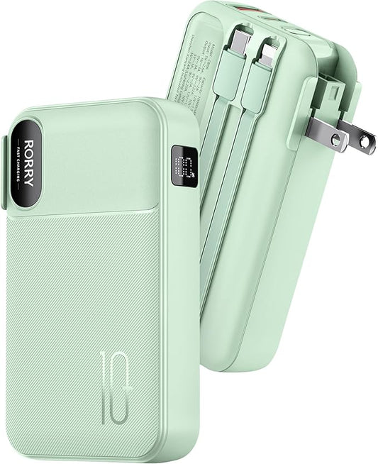 RORRY Portable Charger Built in Cables, AC Wall Plug In Portable Charger Power Bank 10000mAh Travel Battery Pack 22.5W Fast Charging for iPhone 17/16/15 Samsung Galaxy S24/S23/S22 Pixel LG iPad, Green