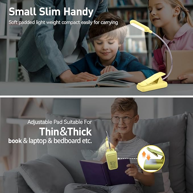 VAVOFO Rechargeable Book Light for Reading in Bed Kids, 7 LED Reading Light with 9-Level Warm Cool White Daylight, Eye Care Lamp with Power Indicator for Bookworms (Yellow)