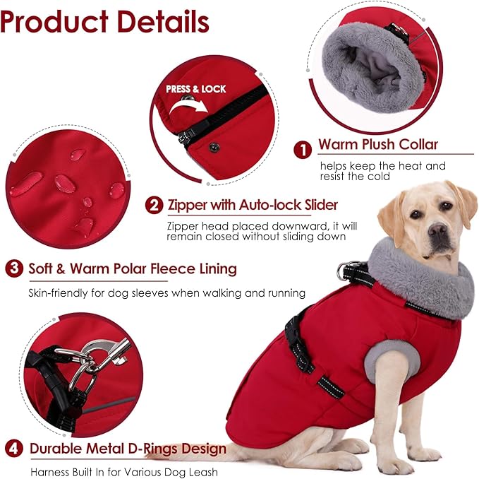 AOFITEE Dog Coat, Warm Dog Winter Jacket with Harness Built in, Waterproof Pet Snow Coat with Zipper on Back, Fleece Pet Sweater Puffer Jacket Snowsuit for Extra Large Dogs, Christmas Red XXXL
