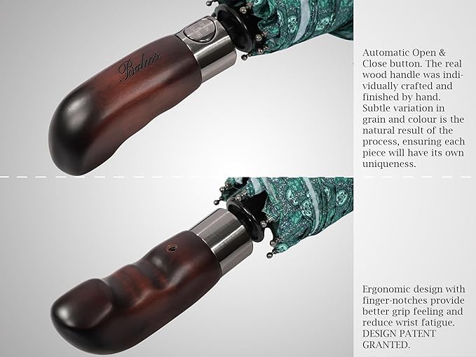 Balios Travel Folding Umbrella with Real Wood Handle Auto Open Close Vented Windproof Canopy - Designed in UK