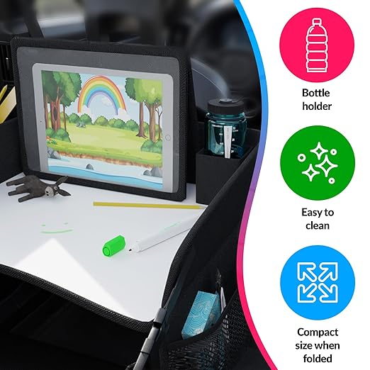 AMZ Supply Kids Travel Tray for Kids Car Seat. Toddler Car Seat Tray Table with 6 Compartments and Tablet Stand. Foldable Toddler Table for Travel. Folding Portable Desk. Compact Road Trip Essentials