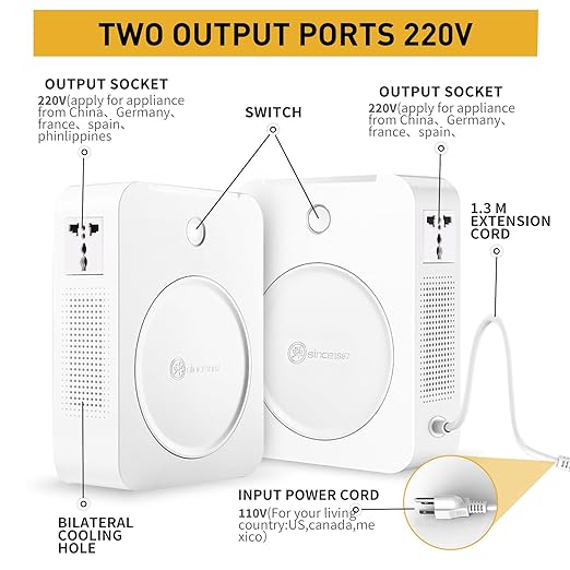 SUNSHUN Step Up Transformer 110v to 220v Converter 3000W Voltage Converter with 2 Outlets Sockets for European and Asian Appliances in USA