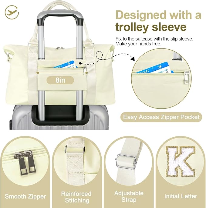 Dance Gym Duffel Bag for Teen Girls, Personalized Initial Travel Weekender Bag,Cute Overnight Carry On Duffle for Women,Sports Travel Cheer Bag,Monogram Christmas Gifts for Tween Preppy(beige-K)