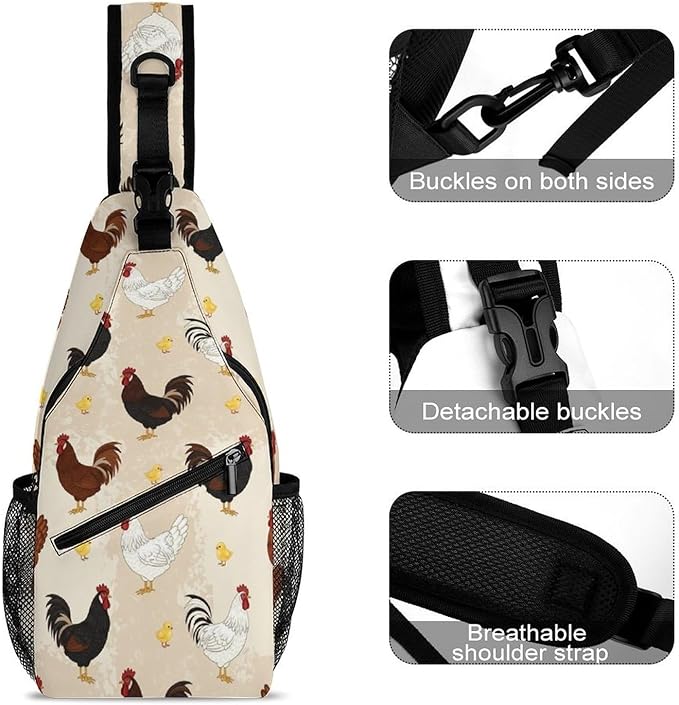 SWEET TANG Large Capacity Sling Chest Bag Backpack, Fashion Daypack Funny Colorful Rooster Cute Chicken, Cross Body Funny Shoulder Sack with Adjutable Strap for Men Women Travel