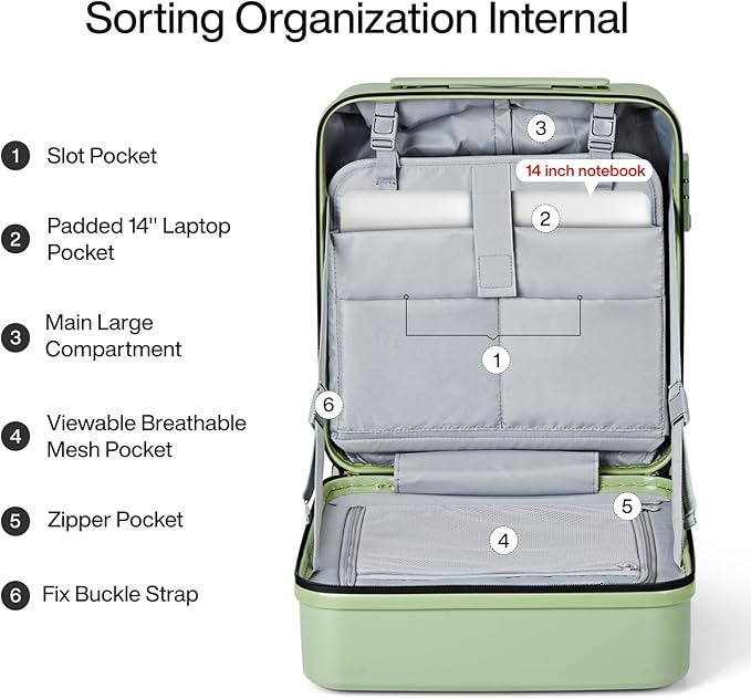 MILADA Underseat Carry On Luggage With Wheels 16 Inch Small Suitcase Underseat Carry On bag Mini Travel Luggage Personal Item Hard Case Luggage TSA Approved Luggage,Bamboo Green