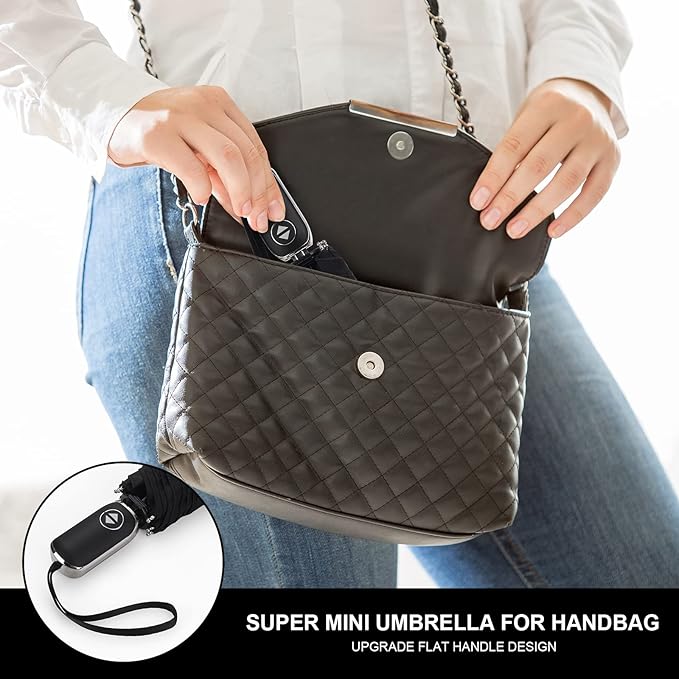 LEAGERA Compact Travel Umbrella for Purse - Flat Handle, Waterproof for Light Rain