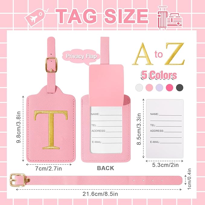 Personalized Initial Luggage Tags for Suitcase, Pink Leather Cute Luggage Tags with Privacy Cover Name Card, Embroidered Custom Monogrammed Luggage Tag Travel Bag Baggage Tags Gifts for Women Kids(T)