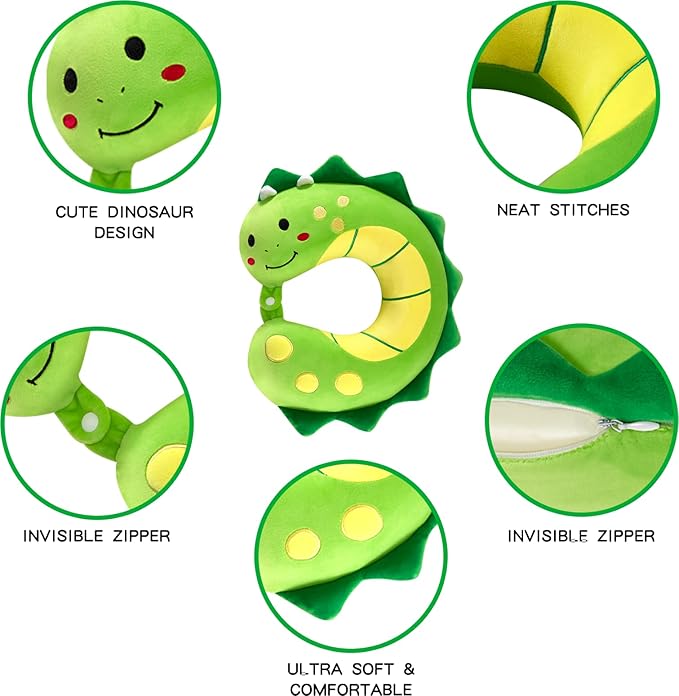 Travel Neck Pillow for Kids, Dinosaur Memory Foam Pillow with Cute Sleep Mask & Earplugs, Lightweight Travelling Pillow Set for Airplane, Car, Train, Bus and Home Use (Green)