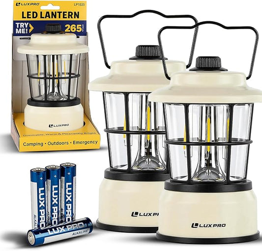 LUXPRO Retro LED Lantern - Battery-Powered Emergency Lantern - Water Resistant - Bright LED Lamp for Indoor & Outdoor Use - Use for Tents, Hiking or Hurricane Prep (Beige, Pack of 2)