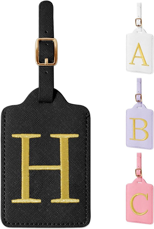 Personalized Initial Luggage Tags for Suitcase TSA Approved, Black Leather Cute Luggage Tag with Privacy Cover Name Card, Embroidered Custom Luggage Tags Travel Backpack Tags Gifts for Women Kids(H)