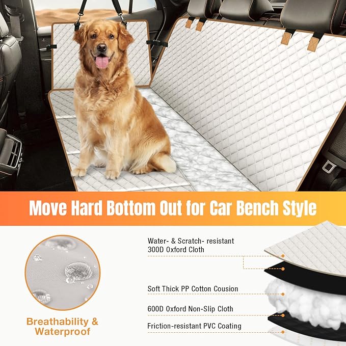 Dog Car Seat Cover for Back Seat, Dog Car Bed Cover with Strong Hard Bottom, Back Seat Extender Hammock for Cars SUV Truck 4 Panels Beige Color