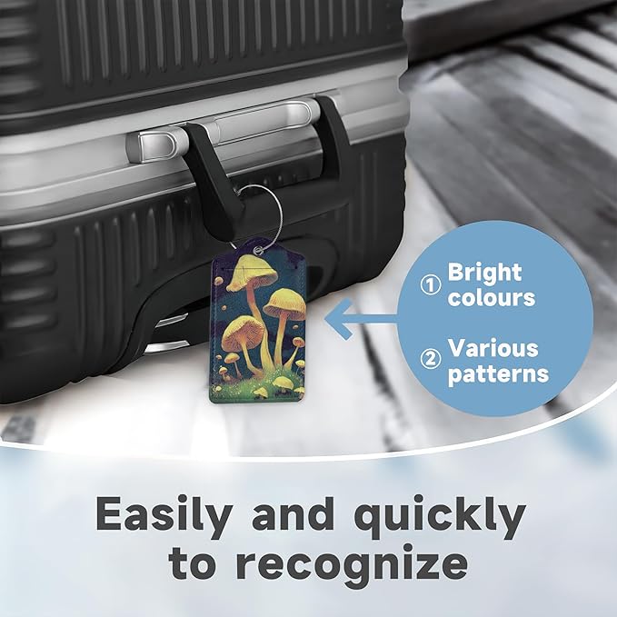 Vintage Mushroom Luggage Tags,2 Pack Travel Cruise Tags for Suitcases, Cute Identifiers with Privacy Flap, Baggage Tags for Women Men Handbag