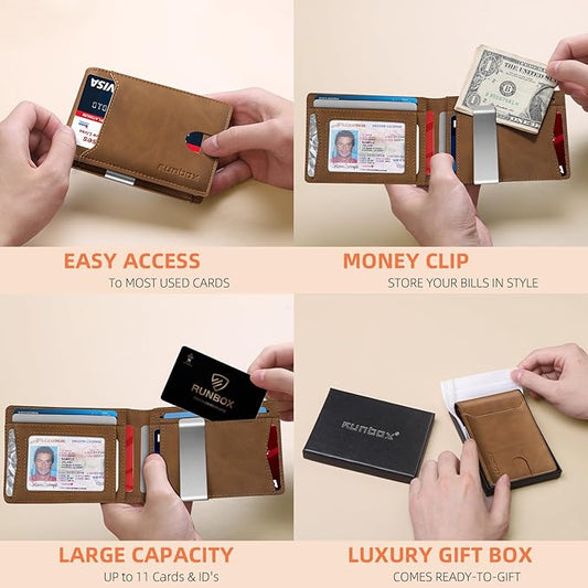 RUNBOX Slim Wallets for Men - Leather Money Clip Mens Wallet - RFID Blocking Front Pocket Bifold Wallet - Thin Credit Card Holder with Gift Box