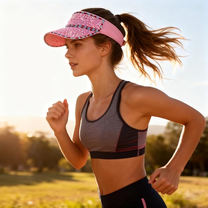 Bling Shiny Rhinestone Sports Sun Visor Hat for Women Summer Adjustable Breathable Beach Visor Caps Running Golf Sun Hat