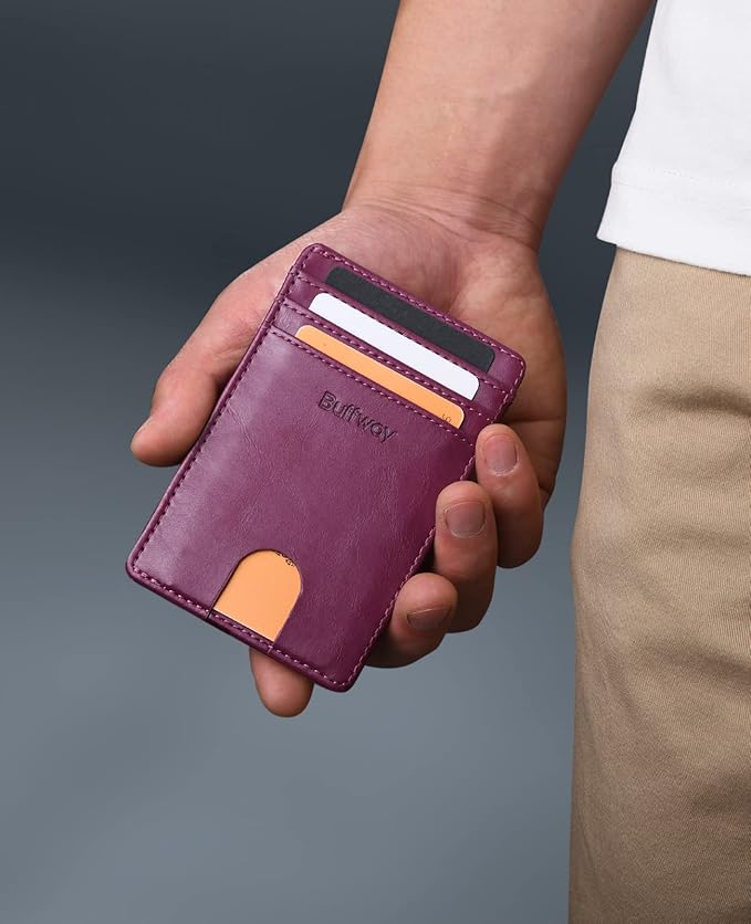 Buffway Mens Slim Wallet, Minimalist Thin Front Pocket Leather Credit Card Holder with RFID Blocking for Work Travel | Minimalist, Thin, Front Pocket, Credit Card Holder, RFID Blocking, for Work Travel