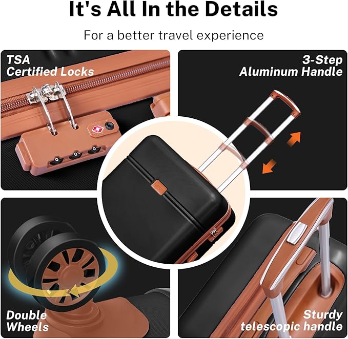 Krute Checked Luggage 24 inch Suitcases with Wheels TSA Approved PC+ABS Lightweight Hard Side Suitcase (BlackBrown)