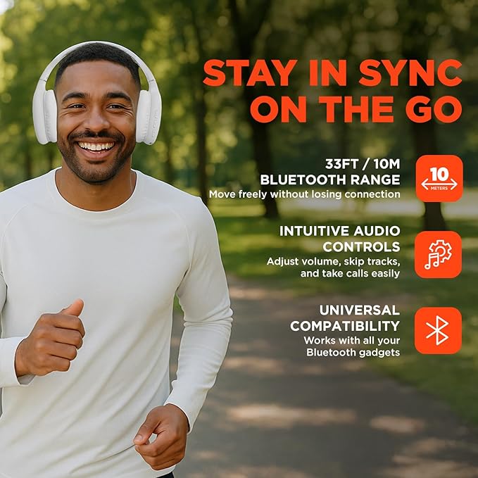 HyperGear Wireless Headphones Bluetooth White- Noise Isolation Headphones Wireless Over The Ear Head Phones, Gym Headset Built-in Mic Controls Square Foam Cups Foldable Headphone for Women and Men