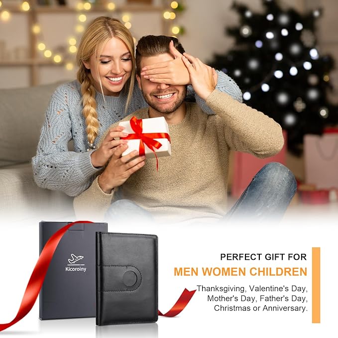 Genuine Leather Passport Holder for Travel Passport Covers with AirTag Slot Passport Wallets for Men Women Family Travel Christmas Gifts, Mens Womens Passport Holder, Black