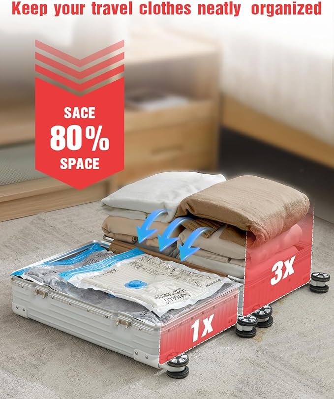 Travel Vacuum Storage Bags with Hand Pump, 16 Pack (4L+4M+4S+4XS) Vacuum Seal Bag Travel Essentials Space Saving Bags for Clothes, Luggage, Carry-on Suitcase, Backpack, Holiday Business Trip