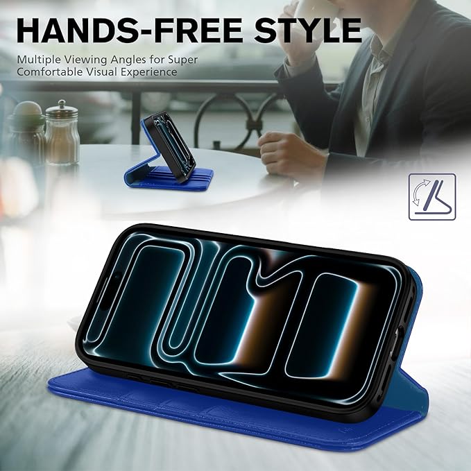 TUCCH Wallet Case for iPhone 17 Pro (6.3") 2025, 3 Credit Card Holders, RFID Blocking, Stand, PU Leather, Shockproof TPU Interior Shell, Protective Flip Folio Cover, Klein Blue