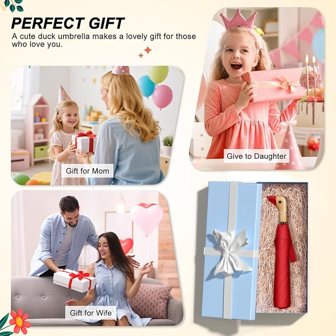 Duck Handle Umbrella Kids - Compact Portable Folding Lightweight Small Strong Wooden Duck Windproof Travel Umbrella for Kids Gifts