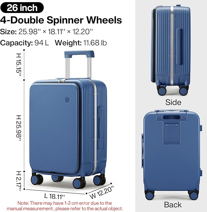 mixi Large Checked Luggage with Cup Phone Holder and Charger Hard Shell Suitcases with Spinner Wheels, 26 Inch Sapphire Blue