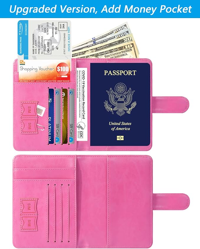 Passport Holder Cover Wallet RFID Blocking Leather Card Case Travel Accessories for Women Men (#Pink)