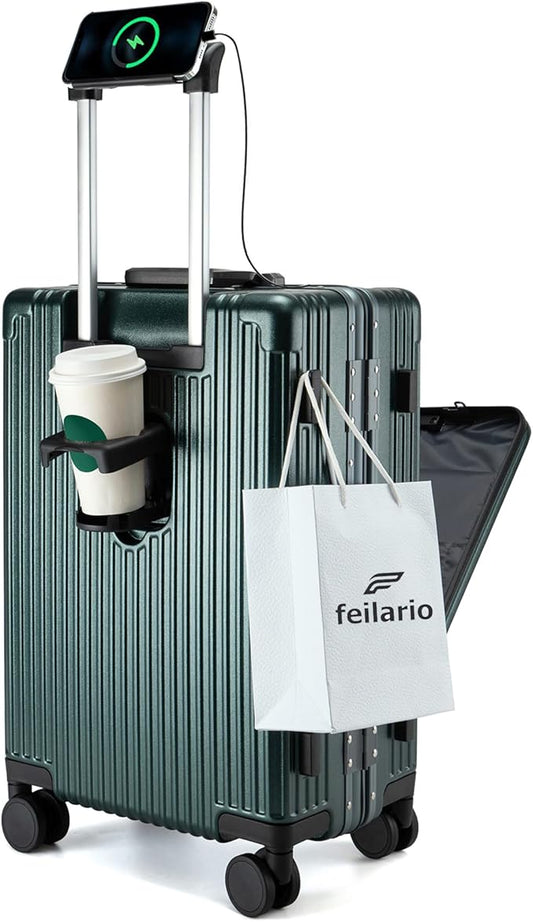 feilario 24in Aluminium Frame PC Hard Shell Spinner Wheels Luggage, Built-In TSA lock Carry on Suitcase, with Cup Holder, USB Port, Phone Holder