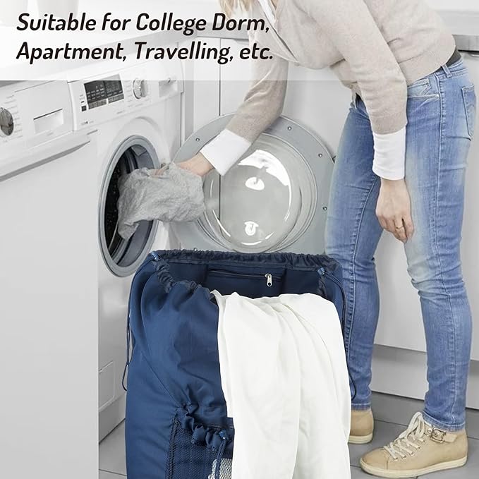 Laundry Bag Backpack with Detergent Holder and Adjustable Shoulder Straps, Clothes Laundry Backpack for College, Travel, Apartment, Laundromat, Dorm Room (Blue)