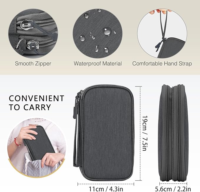 Skycase Electronic Organizer Travel Case - Waterproof Travel Cord Pouches for Organization, Cable Organizer, All-in-One Double Layers Storage Bag for Accessories, Charger, Cable, Grey