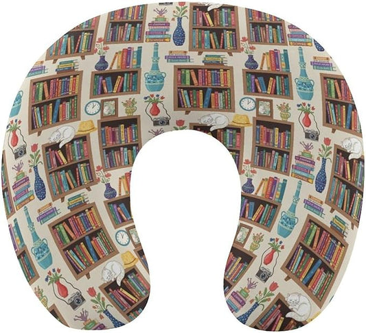 Breathable Memory Foam Travel Pillow U Shaped Chin Head Support Sleeping Cat Bookshelf Library, Removable Washable Cover for Airplane Car Office Pain Relief