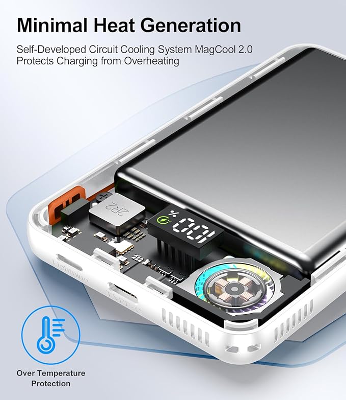 Magnetic Power Bank 10000mAh,Foldable Wireless Portable Charger with Fan Active Cooling System,Fast Charging Battery Pack,Compatible with iPhone 16/15/14/13/12 Pro/Pro Max/Plus/Mini