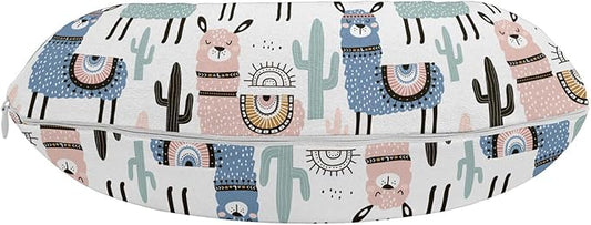 Ambesonne Llama Travel Pillow Neck Rest, Cartoon Style Hand Drawn South American Animals Alpacas and Llamas Design, Memory Foam Traveling Accessory for Airplane and Car, 12", White Teal