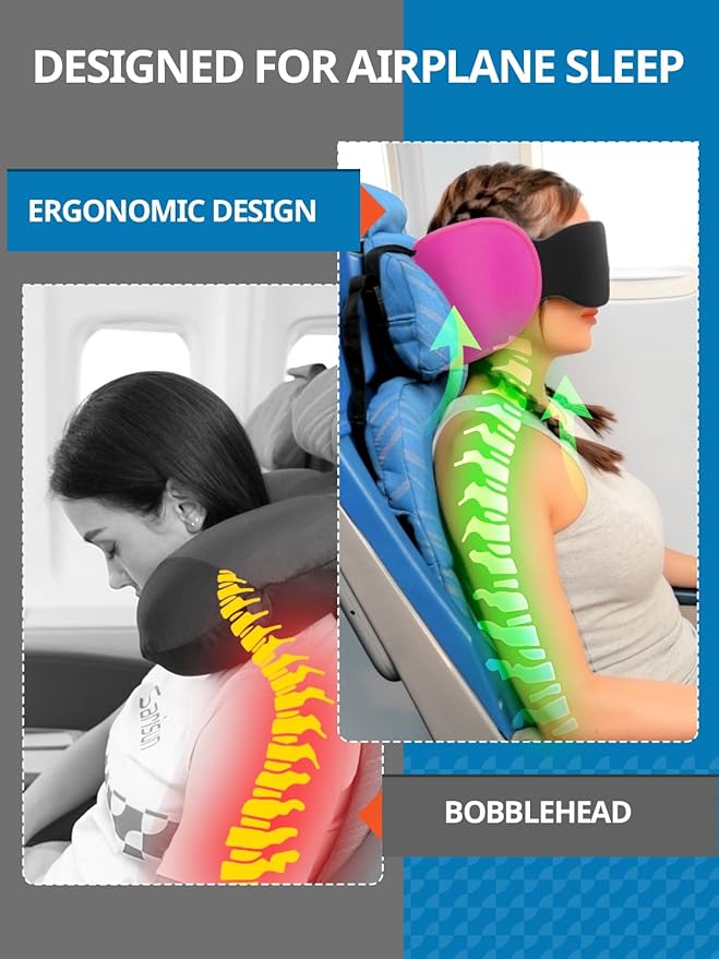 Travel Pillows for Airplanes, Upgraded Airplane Pillow with 3D Eye Mask and Ear Cover Design for Long Flight, 360° Support Sleep Head Hold, Plane Headrest for Sleeping, Stop Bobblehead, Pink