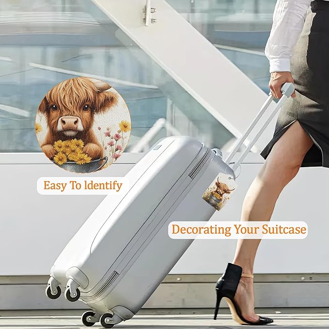 Highland Cow Luggage Tags for Suitcase 3 Pack, Privacy Cover ID Label with Stainless Steel Loop and Address Card for Travel Bag Suitcase