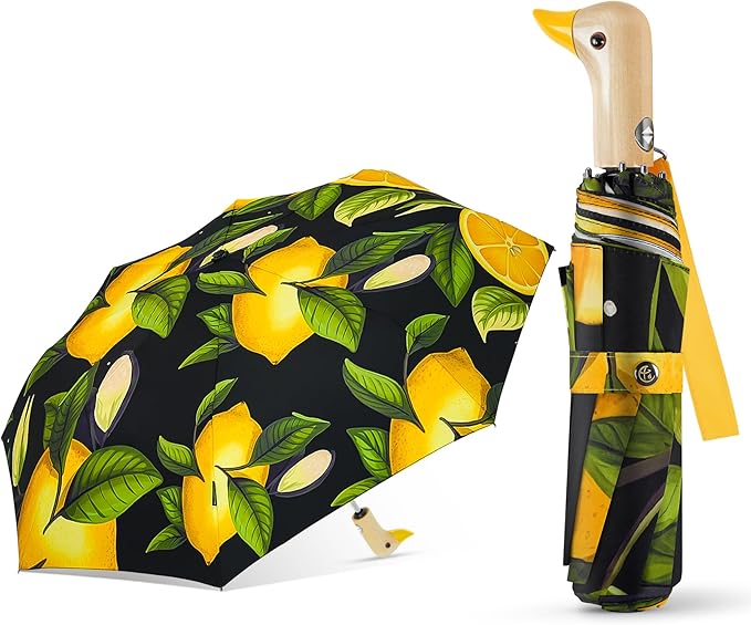Cute Duck Umbrella Automatic - Compact Pretty Pocket Size Strong Duck Collapsible Umbrella Yellow Wooden Handle for Women