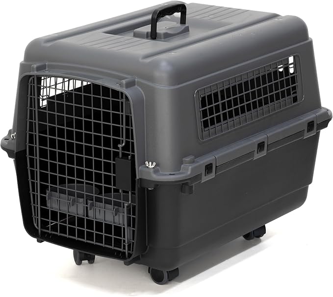 SportPet Airline Approved Wire Door Travel Dog Crate, Durable Plastic Pet Travel Kennel with Removable Wheels,Collapsible, Food Bowls & Accessories, Fits Dogs up to 24" L & 16" H - Medium -Gray/Black