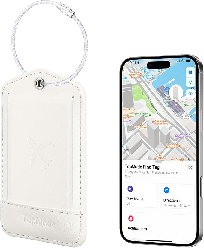 TopMade Smart Luggage Tag with Apple Find My, Premium Leather Luggage Tags for Suitcase, Travel Bags, Backpacks, Anti-Lost Suitcase Tag Tracker for Travel with Privacy Name Card, Rechargeable
