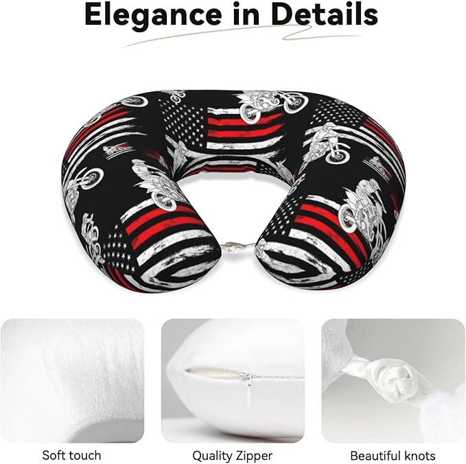 Travel Pillow for Men Women, Washable Relax U Shaped Neck Pillows for Car Head Pain Relief Sleeping Motorcycle Dirt Bike American Thin Red Line Flag Black
