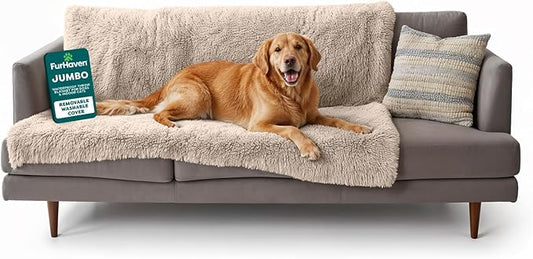 FurHaven Waterproof Throw Blanket For Dogs & Indoor Cats, Reversible Protective Pet Blanket, Extra Large, Long Faux Fur & Velvet, Taupe