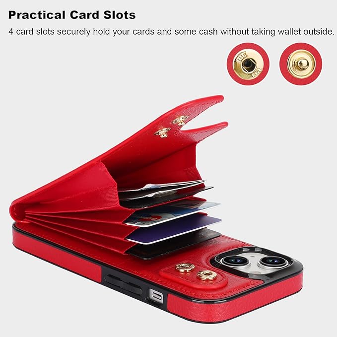 Folosu Compatible with iPhone 15 Case Wallet with Card Holder, 360°Rotation Finger Ring Holder Kickstand, RFID Blocking Leather Protective Double Buttons Shockproof Cover 6.1 Inch Red