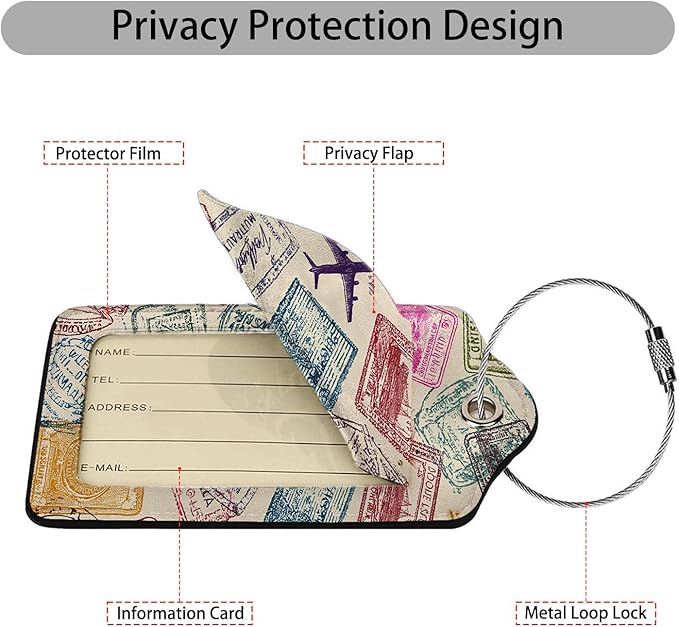 Travel Stamp 3 Pack Luggage Tags for Suitcases, PU Leather Baggage Suitcases Tag Name ID Label Privacy Cover Travel Bag Tags for Women Men Boys Girls
