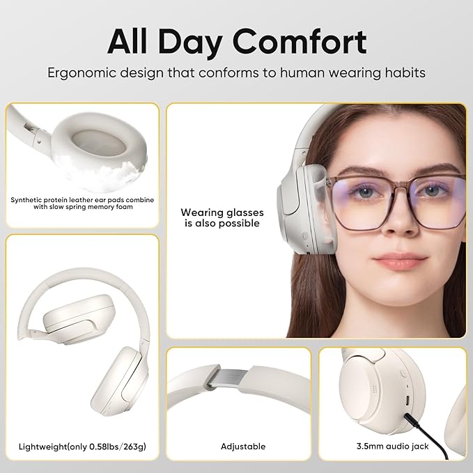 QCY H3 ANC Bluetooth Headphones Over Ear, Active Noise Cancelling Bluetooth 5.4 Headphones with Microphones, Hi-Res Audio Sound, Multipoint Connection, 60H Playback, Custom EQ via App(White)