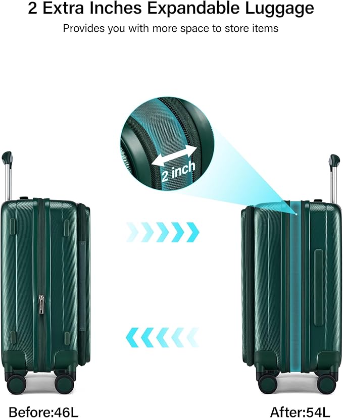 Hanke 20 Inch Expandable Carry On Luggage Airline Approved Top Opening Hard Shell Suitcases with Wheels Lightweight Travel Luggage Carry On Suitcase for Woman Men-Blackish Green