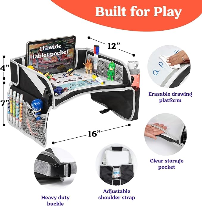 PILLANI Kids Travel Tray for Car - Car Seat Tray for Kids, Road Trip Essentials Must Haves - Carseat Table Roadtrip Activities - Toddler Lap Desk Organizer for Airplane - Travel Essentials - Pack of 2