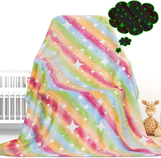 Kids Blanket Glow in The Dark Blanket Rainbow Fleece Throw Blanket Stars Blanket Glow in The Dark Blankets for Girls Boys Teen Kids
