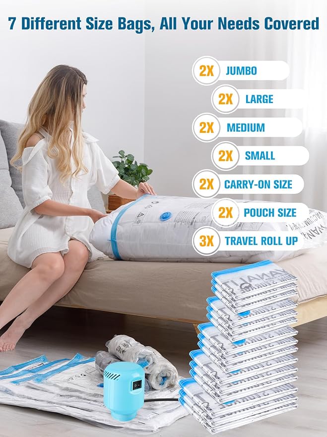 Vacuum Storage Bags with Electric Air Pump, New Air Valve Combo 15 Pack Compression Bag, Space Saving Vacuum Sealer Bags for Clothes, Blanket, Duvets, Pillows, Comforters, Travel, Two Compressing Ways