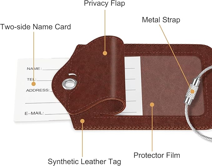 Fintie Luggage Tags, Privacy Cover ID Label with Stainless Steel Loop and Address Card for Travel Bag Suitcase - Retro Brown (2 Piece)