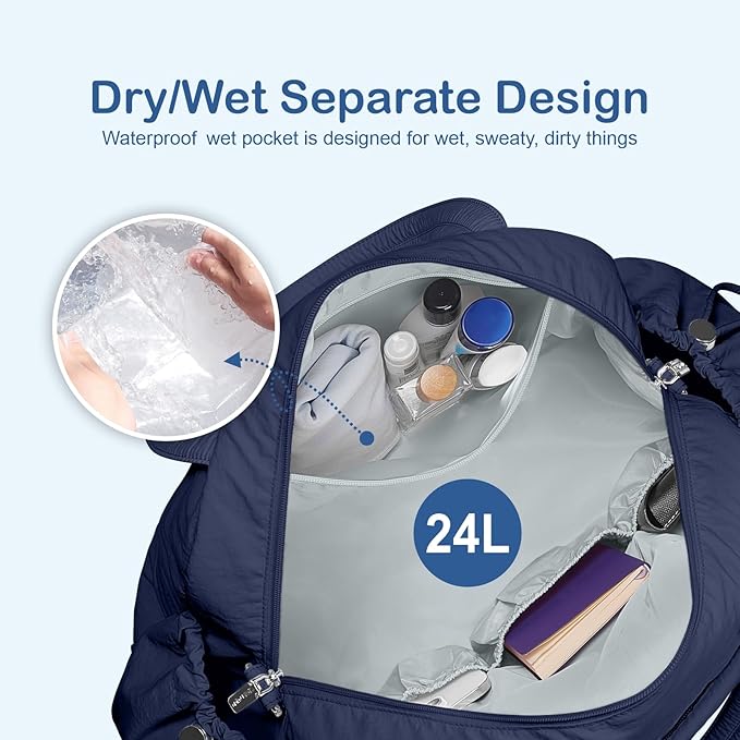 TOPDesign Travel Duffel Bag for Women, Puffer Gym Bag Sports Tote with Wet Pocket, Carry On Weekender with Luggage Sleeve (Navy Blue)